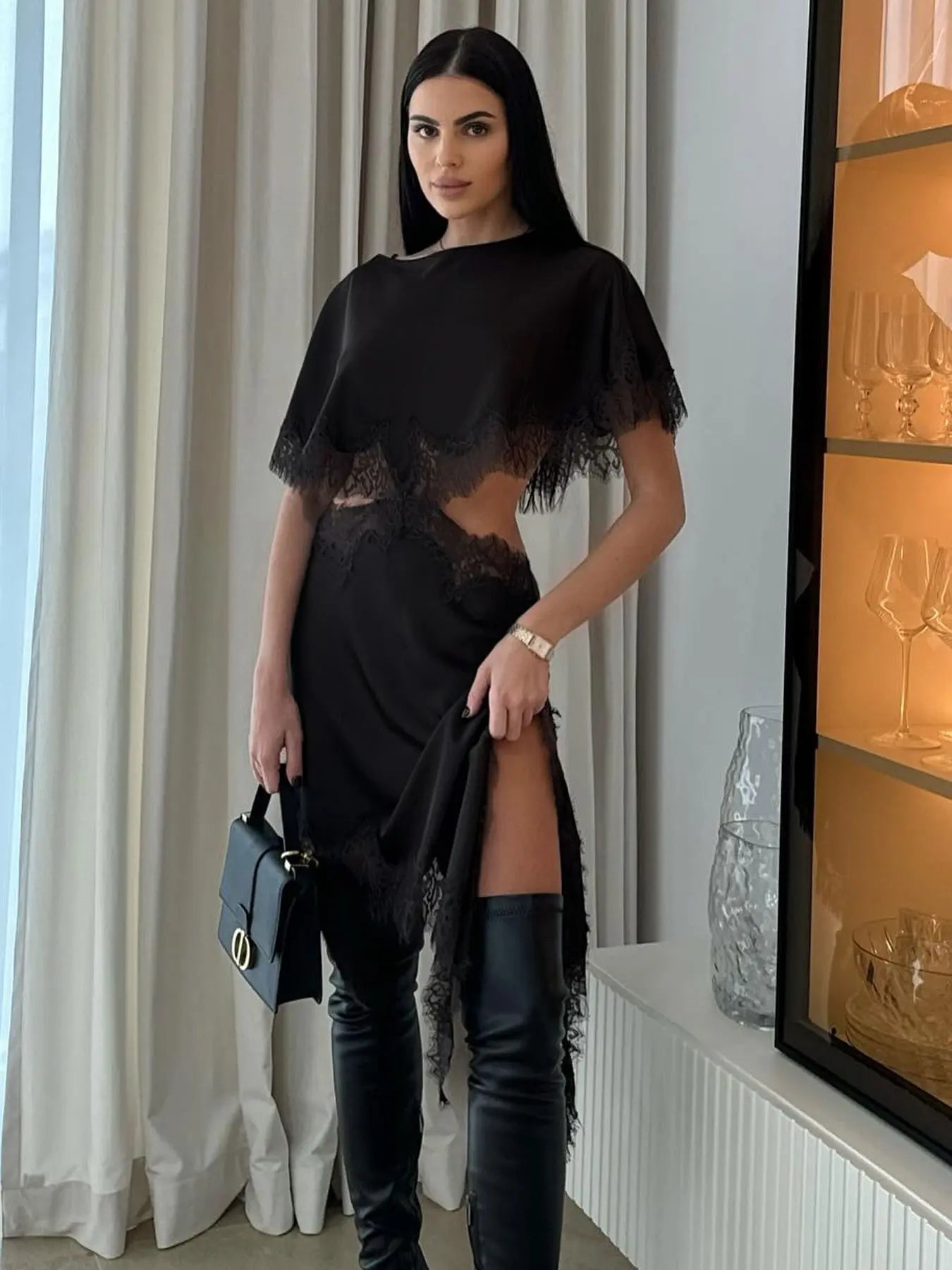 Women's Black Lace-Up Mini Dress Formal Wear