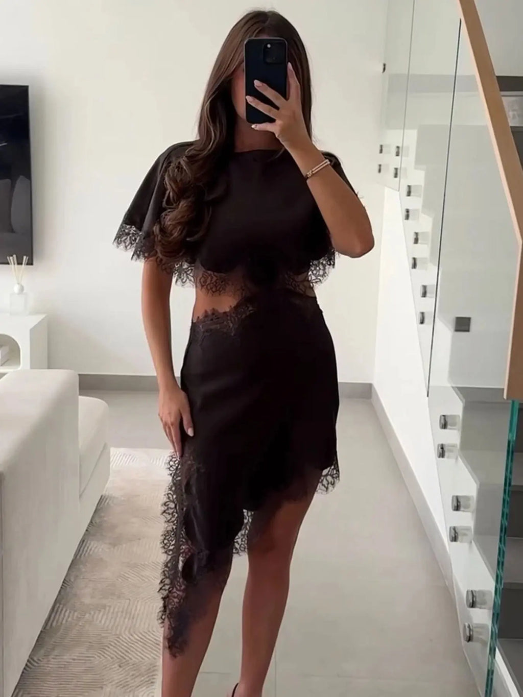 Women's Black Lace-Up Mini Dress Formal Wear