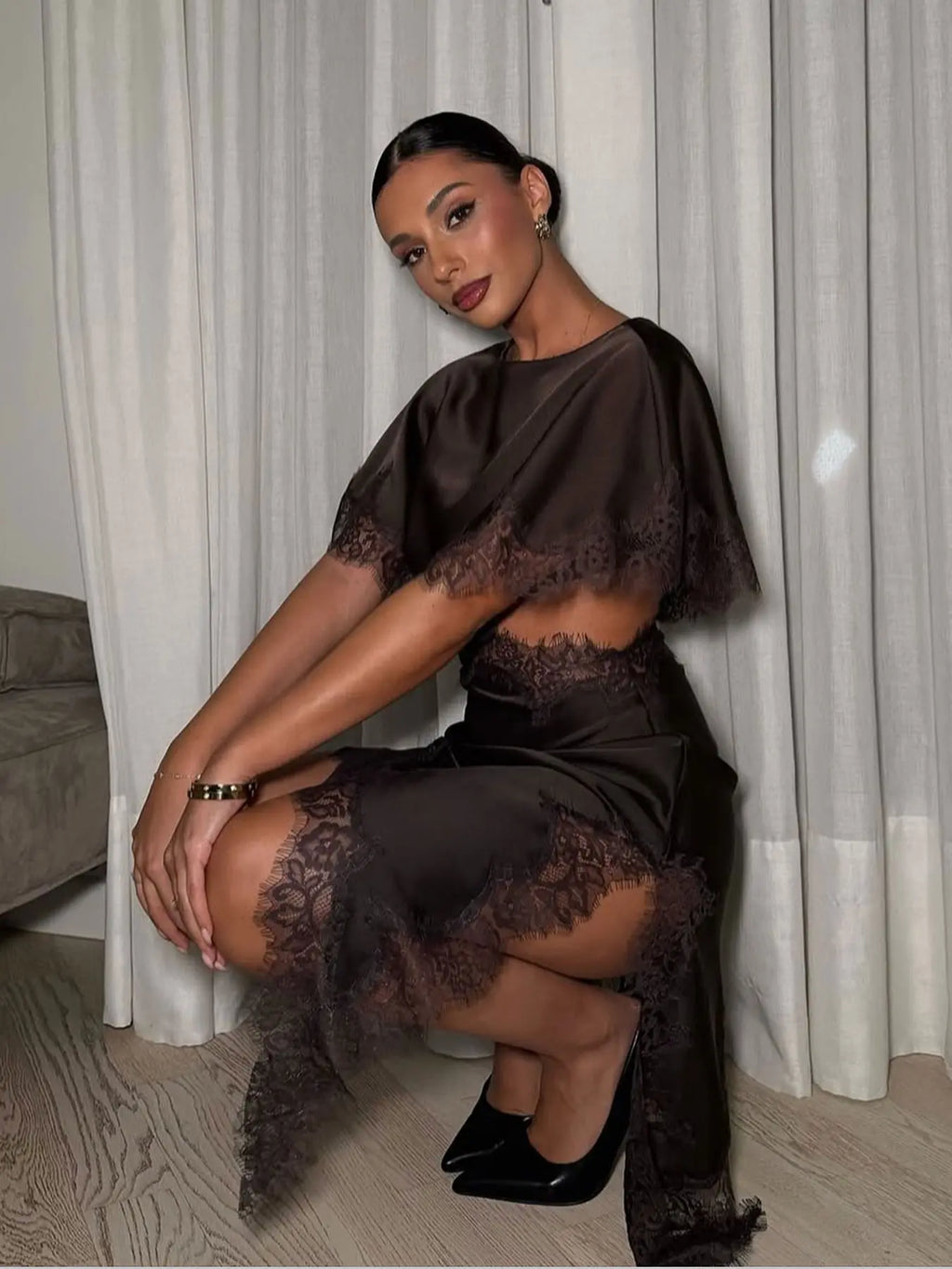 Women's Black Lace-Up Mini Dress Formal Wear