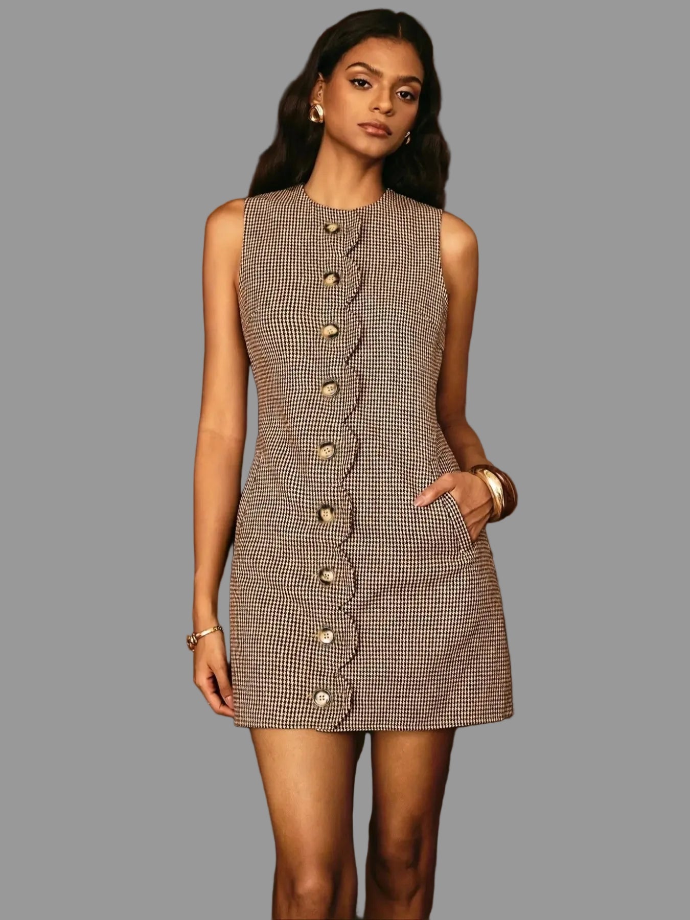 Plaid Houndstooth Button Front Dress