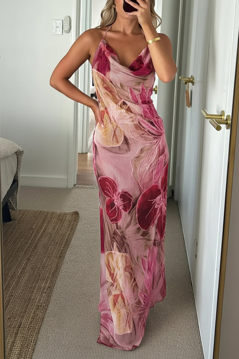 Women'S Floral Print Halter Neck Dress, Stylish Elegant Sleeveless Spaghetti Strap a Line Dress for Party Holiday Wedding Guest, Bohemian Ladies Spring & Fall Clothes, Floral Formal Boho Summer Womenswear