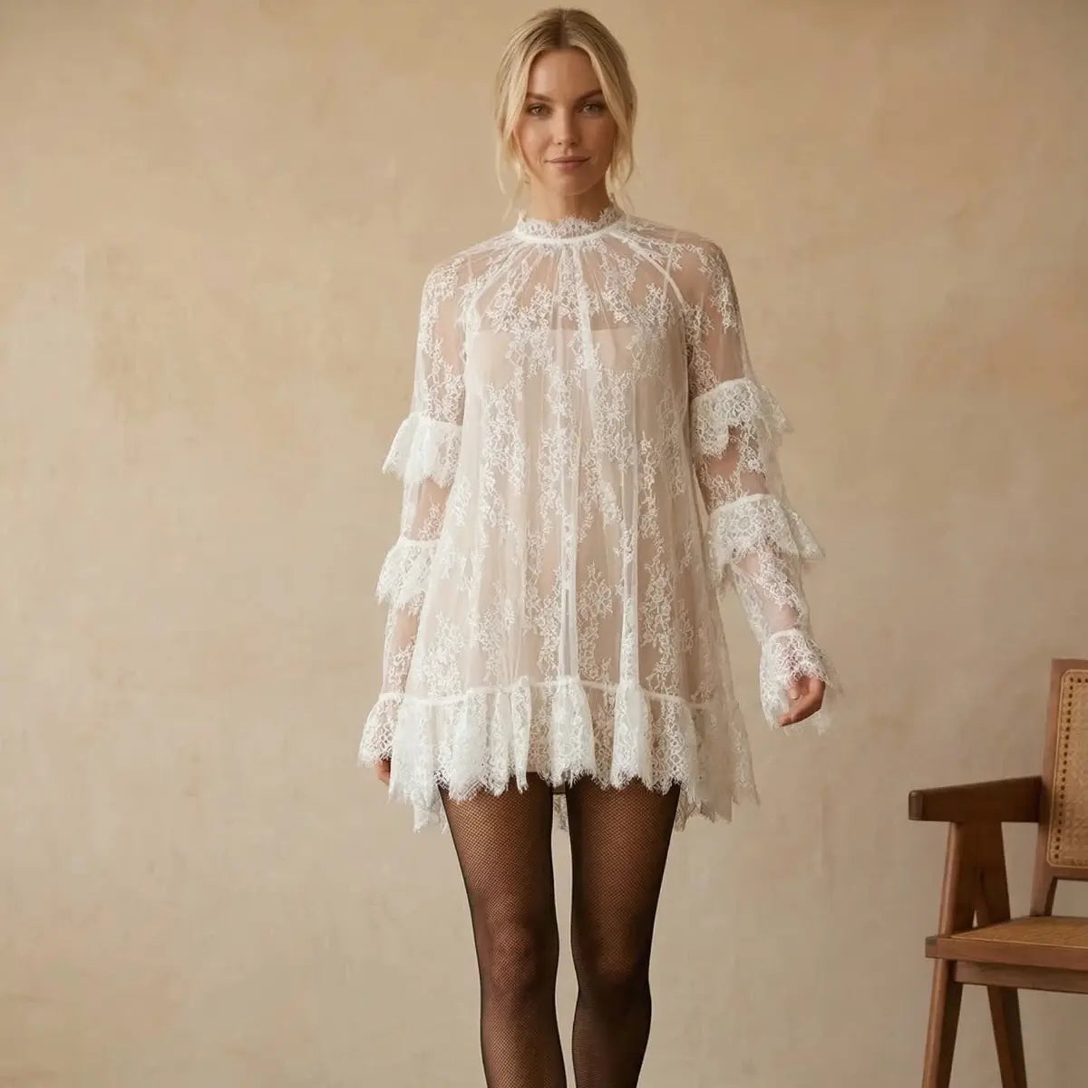 Women’S Sheer Black Lace Mini Dress, Long Sleeve Crew Neck Elegant Cocktail Dress with Ruffled Hem,Easter Dress, Slim Fit Party & Evening Wear